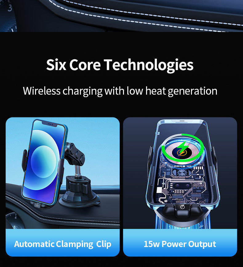 Car dash mounted wireless charging phone holder and metal and silicone suction cup