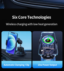 Car dash mounted wireless charging phone holder and metal and silicone suction cup