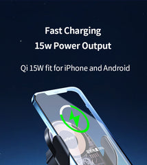 Car dash mounted wireless charging phone holder and metal and silicone suction cup