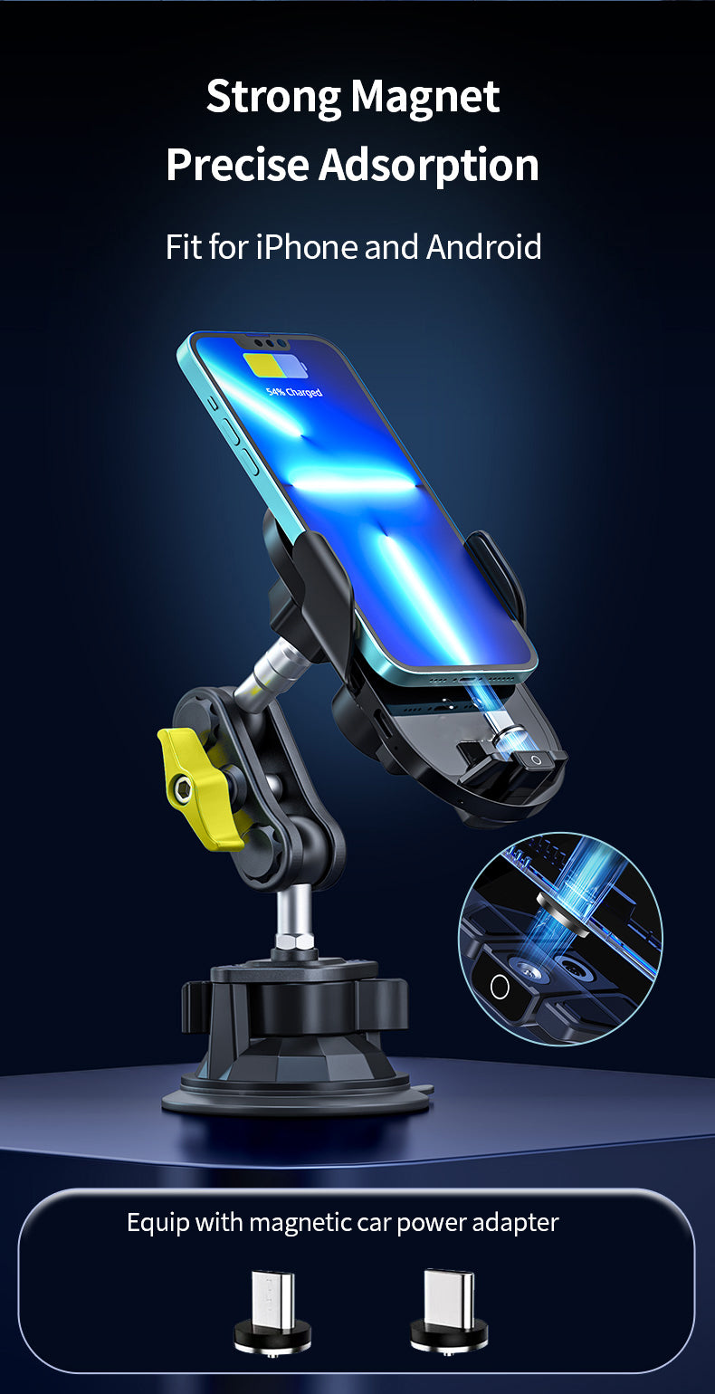 Car dash mounted wireless charging phone holder and metal and silicone suction cup