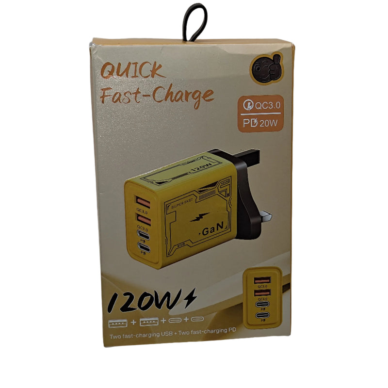 PowerCore 4-Port USB Wall Charger with Quick Charge 3.0 and 20W output, compact UK plug adapter for charging phones, tablets, cameras, and travel gadgets with heat-resistant ABS build.
