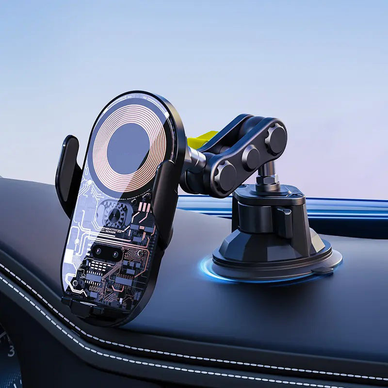 Car dash mounted wireless charging phone holder and metal and silicone suction cup