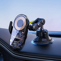 Car dash mounted wireless charging phone holder and metal and silicone suction cup