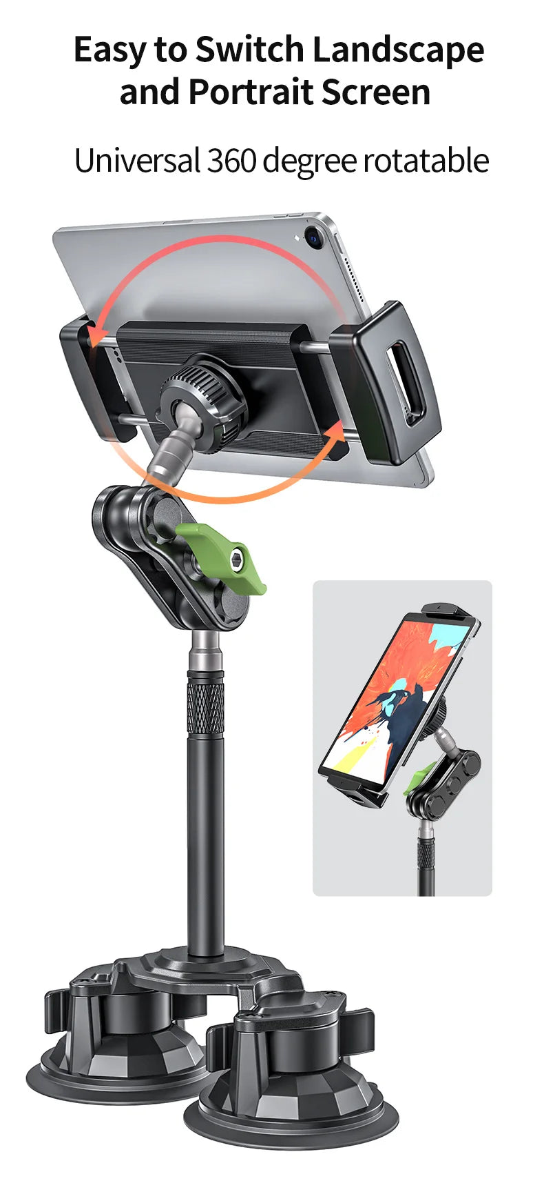 Rock-Solid Dual Suction, Heavy Duty Metal Tablet Mount with Extended Reach Bar