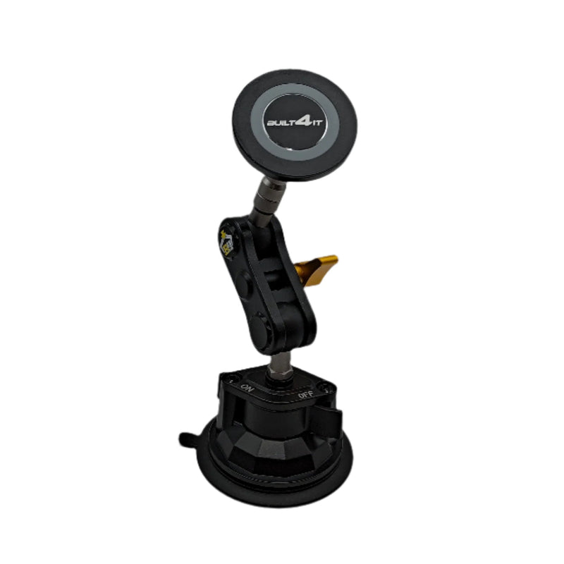 Black car mount with suction cup on a gray background