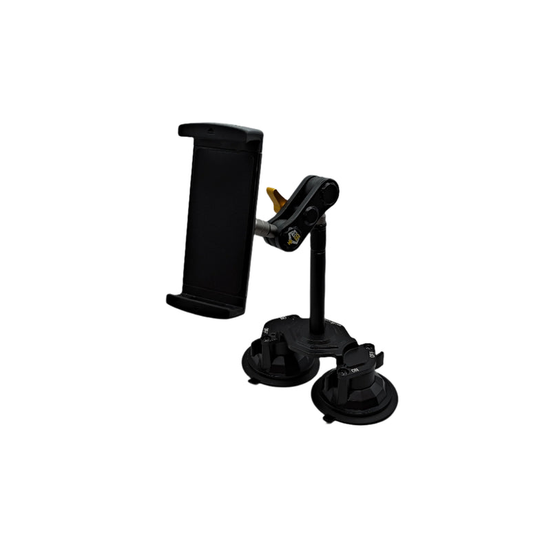 Car phone mount with additional parts on a car interior ceiling.