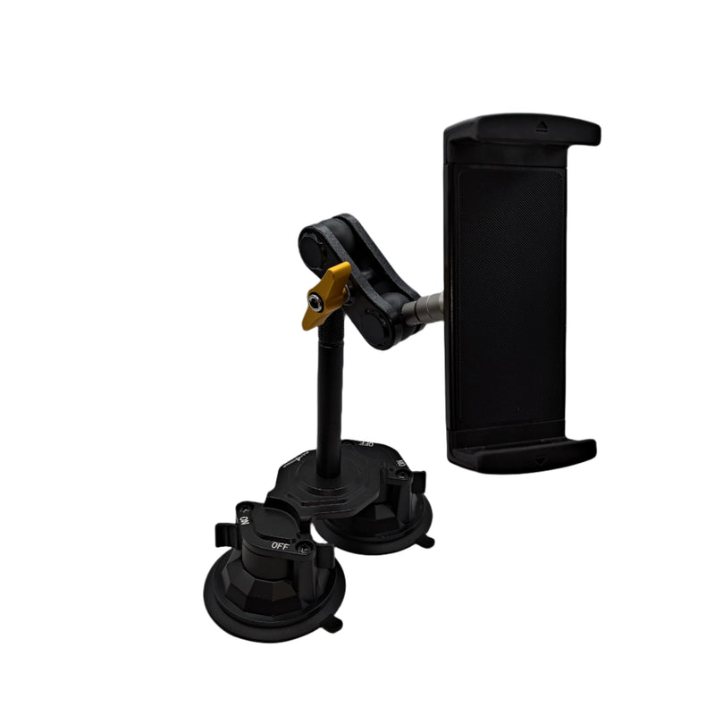Car phone mount with additional parts on a car interior ceiling.