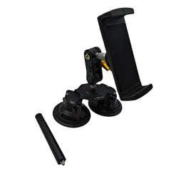 Car phone mount with additional parts on a car interior ceiling.