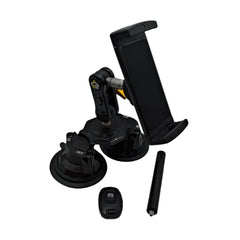 Car phone mount with additional parts on a car interior ceiling.