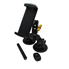 Car phone mount with additional parts on a car interior ceiling.