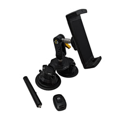 Car phone mount with additional parts on a car interior ceiling.