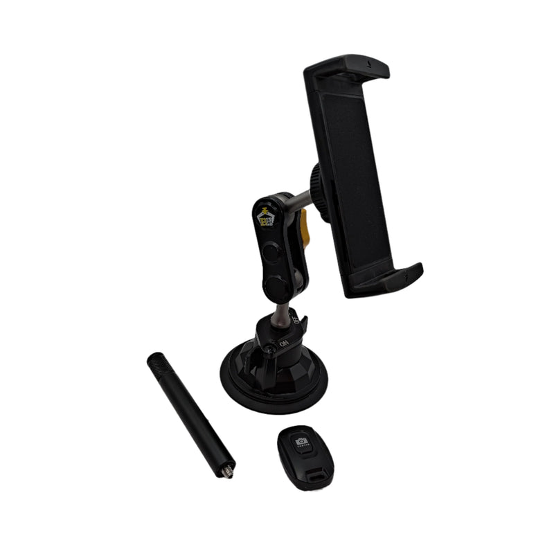 Black car phone mount with additional components on a white background