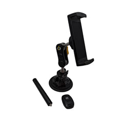 Black car phone mount with additional components on a white background