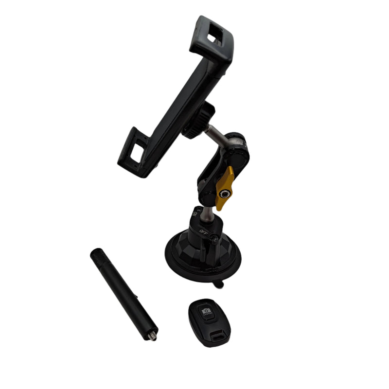 Black car phone mount with additional components on a white background
