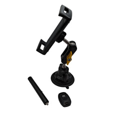 Black car phone mount with additional components on a white background