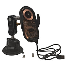 Car dash mounted wireless charging phone holder and metal and silicone suction cup