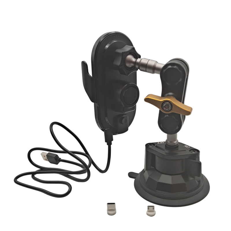 Car dash mounted wireless charging phone holder and metal and silicone suction cup