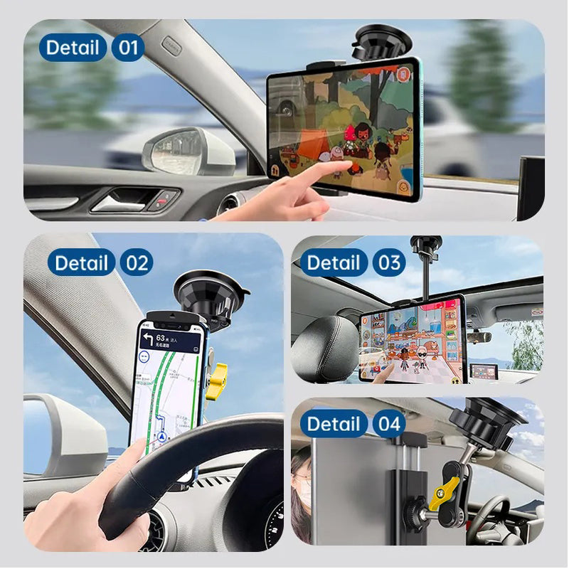 Black car phone mount with additional components on a white background